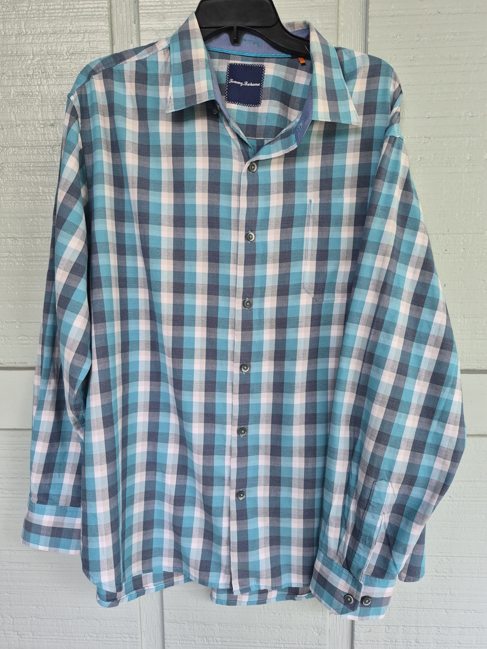 Tommy Bahama Teal, Gray & White Plaid Button-Down Shirt XL